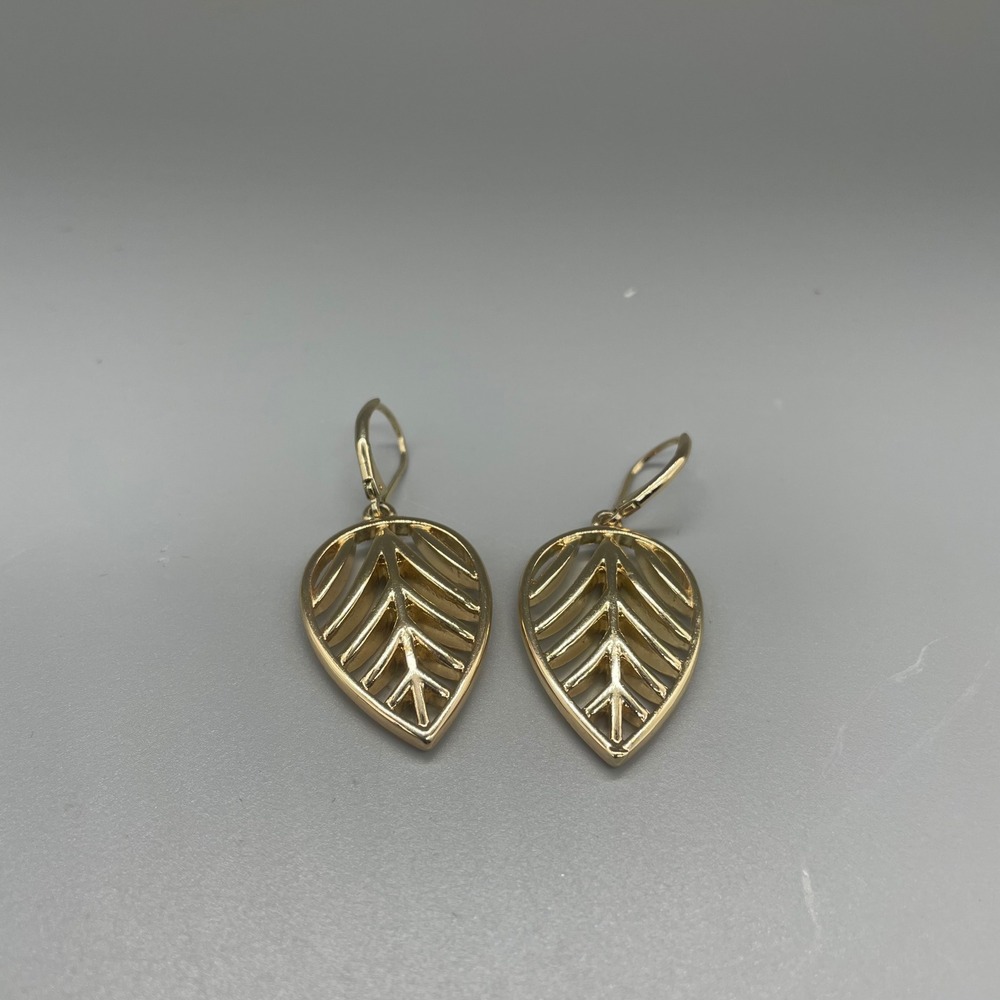Gold Tone Openwork Leaf Drop Earrings Leverback Dangle Botanical Jewelry
